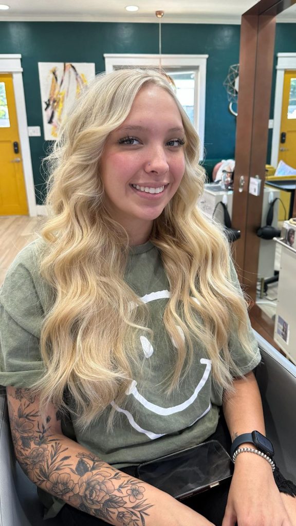 Soft dimensional blonde waves created at Publicity Salon in Oklahoma City