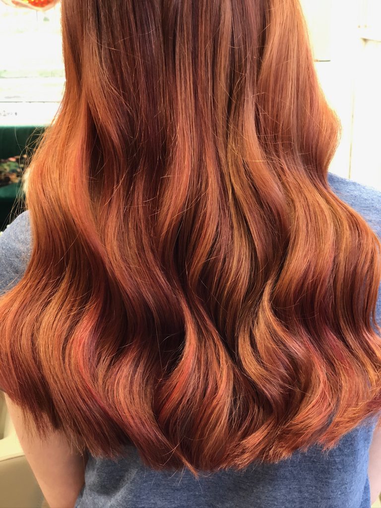 dimensional copper cinnamon hair color with soft waves by Goldwell Master Colorist Jennifer Bass Billman Oklahoma City