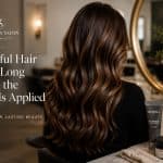 Woman with healthy, glossy brunette balayage hair in a salon chair, with Goldwell color products on the counter at Publicity Salon Oklahoma City